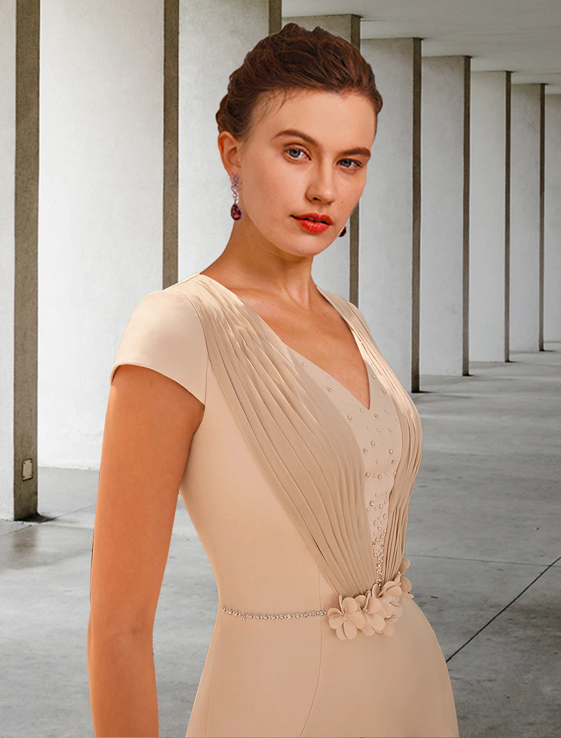 Wholesale Two Piece Mother of the Bride Dress Formal Wedding Guest Elegant Jewel Neck Knee Length Stretch Fabric 3/4 Length Sleeve Cap Sleeve with Beading Flower